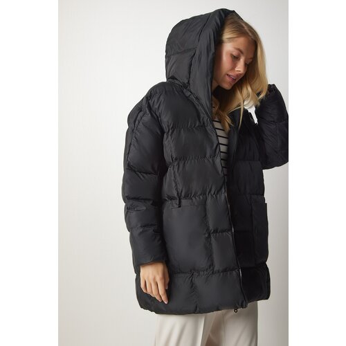  Women's Black Oversized Puffy Coat with Hood Cene