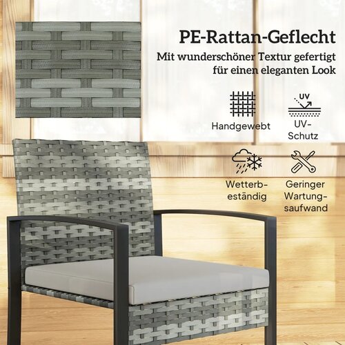 Bistro set od ratana 3 dijela 2 stolice stolić za kavu i jastuci svijetlosivi Slike
