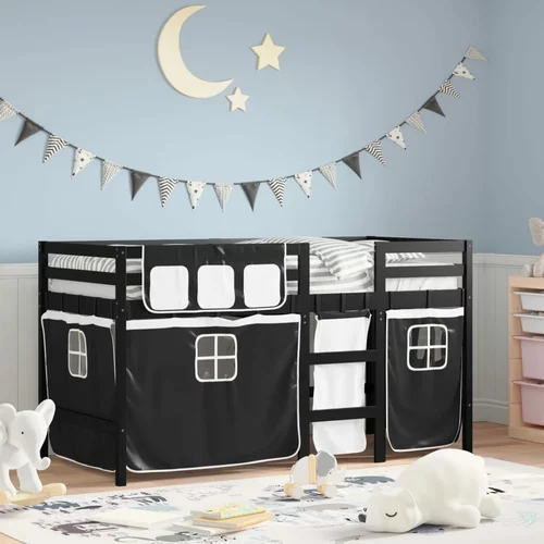 vidaXL Dječji krevet na kat i zavjese crno-bijeli 90x200 cm borovina