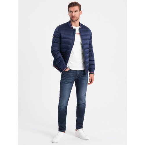 Ombre Men's satin finish bomber jacket with contrasting ribbed cuffs - dark blue Cene