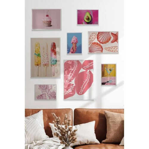 Wallxpert set od 8 manjih uramljenih slika &amp;Ccedil;gs-076, roze motivi &amp;ndash; kolači, sladoled, avokado i &amp;scaron;koljke, beli ram Slike