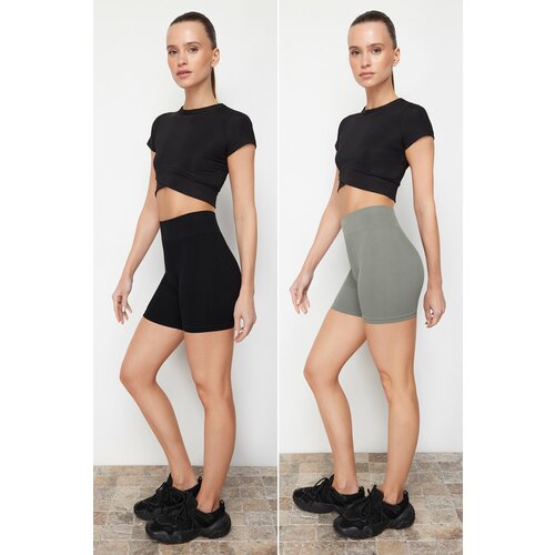 Trendyol Black-Khaki 2-Pack Seamless/Seamless Knitted Sports Shorts/Short Leggings Cene