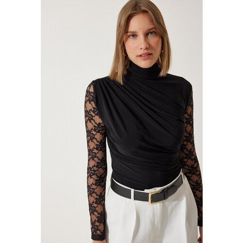  Women&amp;#039;s Black Lace Sleeve Gathered Knitted Blouse Slike