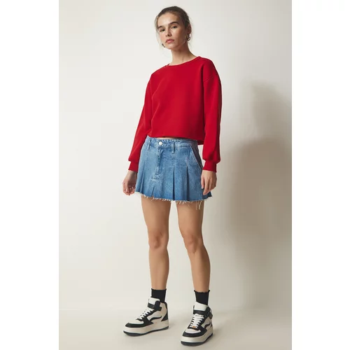 Happiness İstanbul Women's Red Crew Neck Raised Crop Knitted Sweatshirt