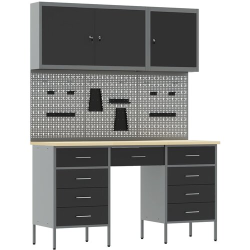 VidaXL Set radnog ormara i oglasne ploče s 8 dijelova - crni MDF i metal Slike