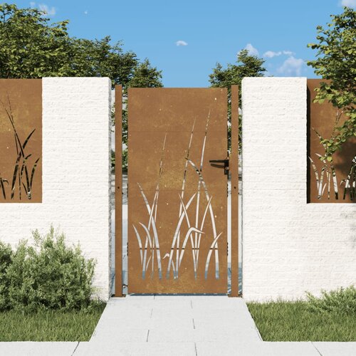 VidaXL Vrtna vrata 105 x 205 cm od čelika COR-TEN s uzorkom trave Slike