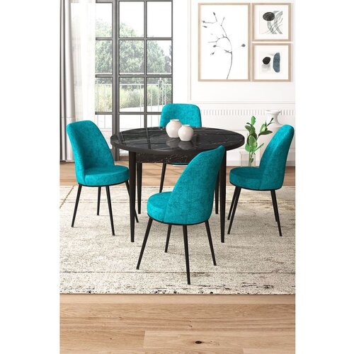Hanah home Tor - Black Marble, Turquoise Black MarbleTurquoise Dining Table & Chairs Set (5 Pieces) Cene