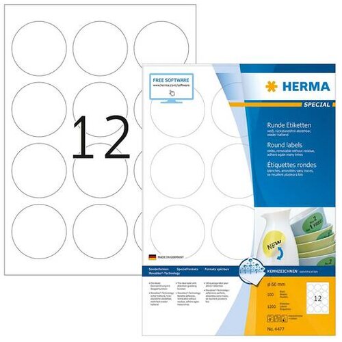 Herma Removable Round Labels 60 100 Sheet DIN A4 1200 pcs. 4477 Slike