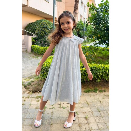 Trendyol Gray Girl's Glittery Ribbon Woven Dress Cene