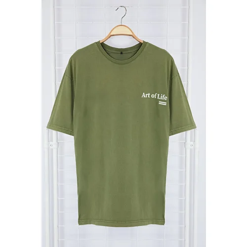 Trendyol Khaki Oversize/Wide Cut Faded Effect Text Printed 100% Cotton T-Shirt