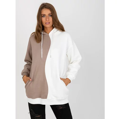Fashion Hunters Basic beige and white sweatshirt with a RUE PARIS cotton hood