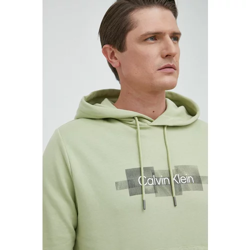 Calvin Klein Bombažen pulover moška, zelena barva, s kapuco