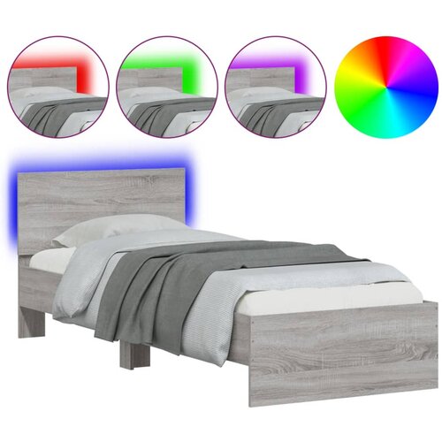 Maison Chic Posteljni okvir - Enojna postelja - Postelja za odrasle z vzglavjem in LED siva sonoma 90x200 cm-J9547, (21774590) Cene