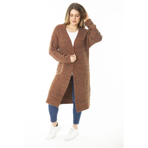 Şans Women&amp;#039;s Plus Size Multicolored Long Knitwear Long Cardigan with Slits Slike