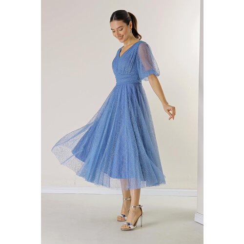 By Saygı Front Back V-Neck Short Balloon Sleeve Lined Spider Patterned Lurex Dahlia Fabric Dress Slike