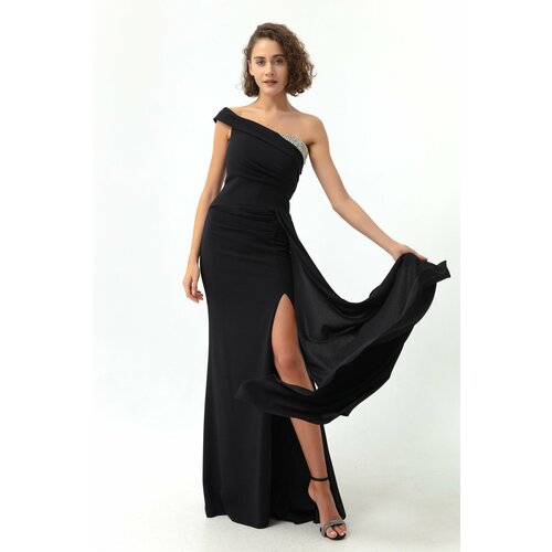 Lafaba Women's Black One-Shoulder Long Evening Dress with Stones. Cene