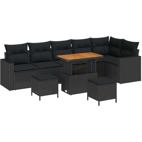 VidaXL 9 Dijelni Vrtni Sofa Set s Jastučićima - Crni Poli Ratan i Akacija, 3 Dijelni Vrtni Set za Jelo s Jastučićima - Crni Poli Ratan i Akacija Slike