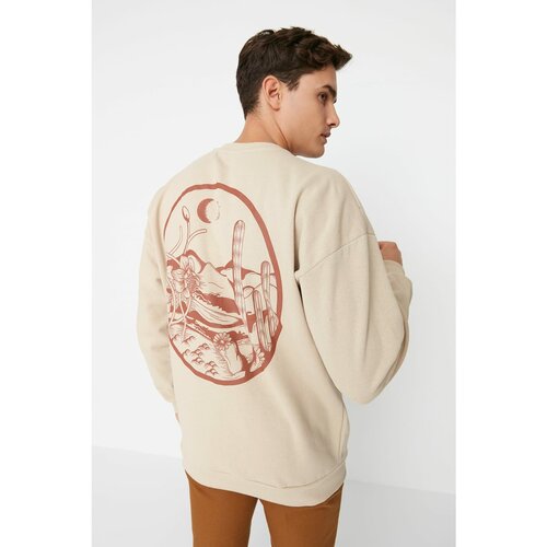 Trendyol Beige Men's Oversize Fit Crew Neck Back Printed Soft Fluffy Sweatshirt Cene