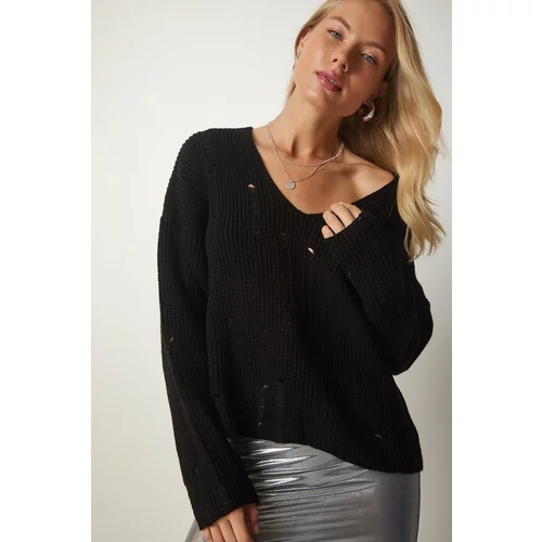 Happiness İstanbul Women's Black Ripped Detailed Knitwear Sweater