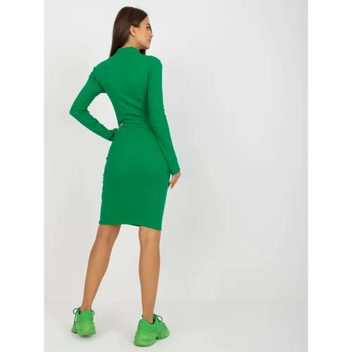 Fashion Hunters Basic green ribbed dress with a turtleneck for everyday wear