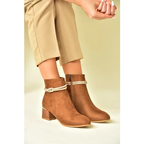 Fox Shoes Tan and Suede Women's Boots with Stone Detailed Thick Heels
