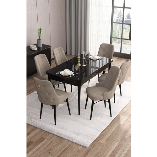 Hanah home Are - Black Marble, Cappuccino Black MarbleCappuccino Extendable Dining Table & Chairs Set (7 Pieces) Cene