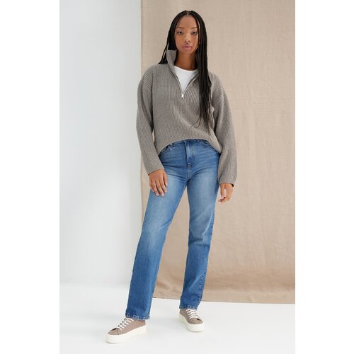Trendyol Dark Blue High Waist Long Comfort Straight Jeans Cene