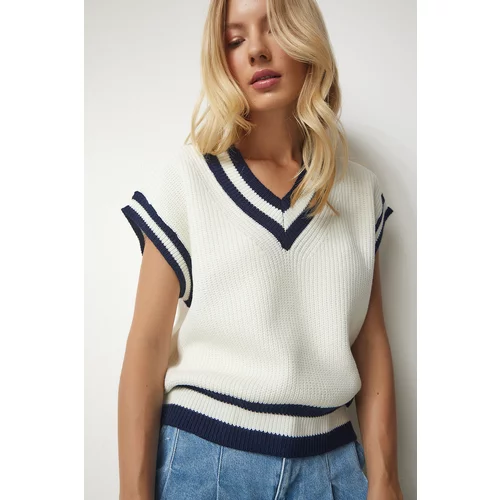 Happiness İstanbul Women's Ecru and Navy Blue Stripe Detailed Oversized Knitwear Sweater