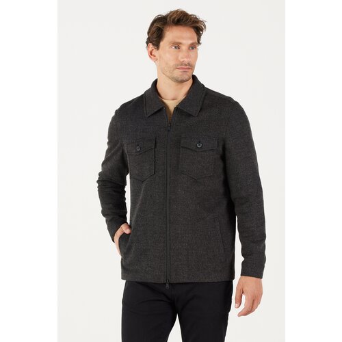 ALTINYILDIZ CLASSICS Men's Black Comfort Fit Relaxed Cut Shirt Collar Patterned Winter Shirt Jacket Cene