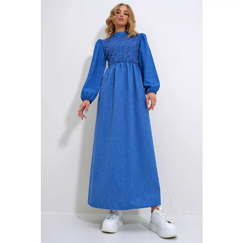 Trend Alaçatı Stili Women's Blue Stand Collar Crochet Braided Back Zipper Woven Dress