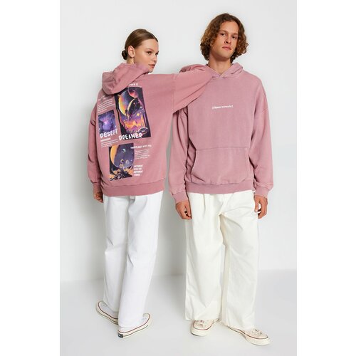 Trendyol Dried Rose Unisex Oversize Wash-Effect Hooded 100% Cotton Space Print Sweatshirt. Cene