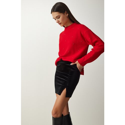 Happiness İstanbul Women's Black Slit Velvet Mini Skirt Slike