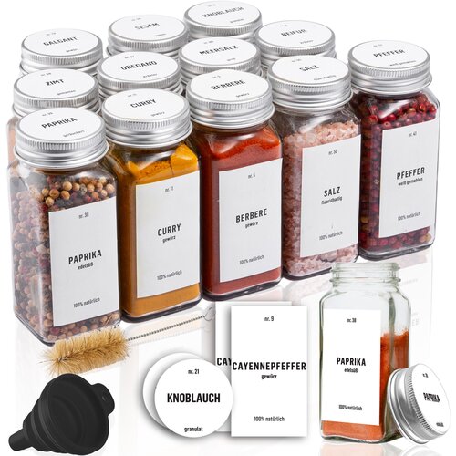 Deco Haus Komplet 12 kozarčkov za začimbe s pokrovčki – nalepke, lijak, krtačka – ustreza stojalom za začimbe s 4 policami – kozarci za shranjevanje in doziranje 120 ml, 10,5 x 4,3 cm, (21299530) Cene