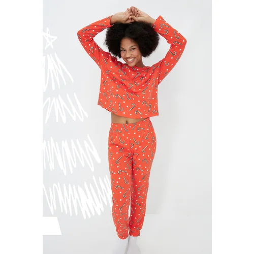 Trendyol Red 100% Cotton Christmas Themed Tshirt-Jogger Knitted Pajamas Set