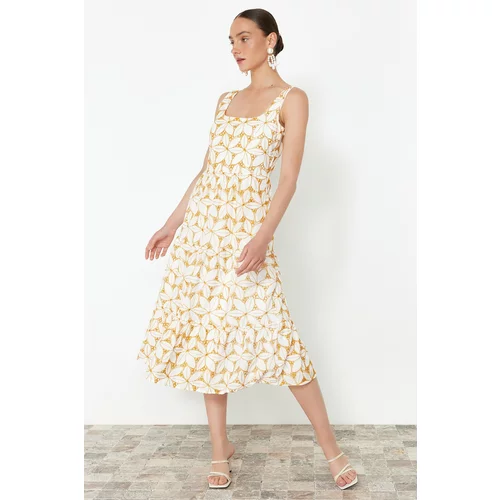 Trendyol Yellow Waist Midi Woven Floral Embroidery Dress