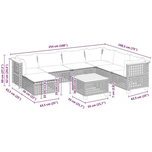  8-dijelni set vrtnih sofa od poliratana s jastucima bež 254 x 190.5 x 69 cm Slike