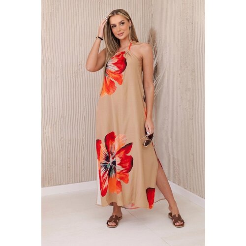 Kesi Women's viscose dress with ties around the neck - beige camel Cene