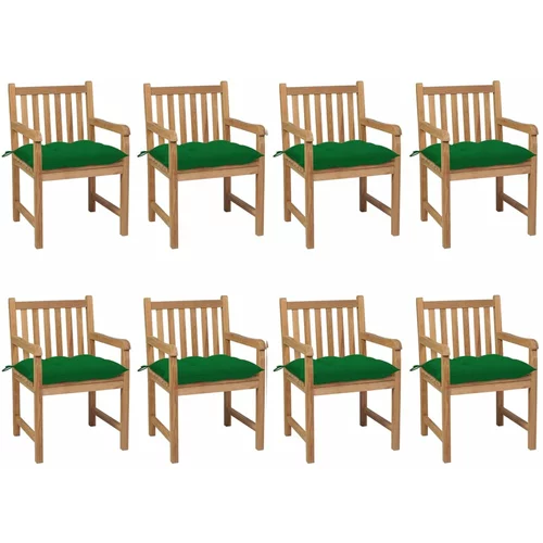vidaXL Vrtni stoli 8 kosov z zelenimi blazinami trdna tikovina