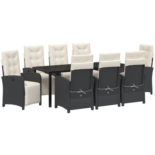 VidaXL 9-delna vrtna jedilna garnitura s blazinami črna poli rattan, vrtna miza črna 200x80x73 cm kaljeno steklo Slike