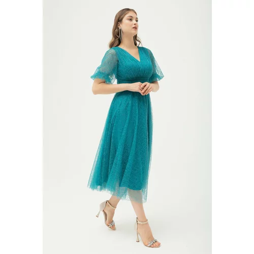 Lafaba Women's Turquoise Balloon Sleeve Silvery Evening Dress