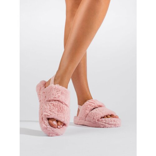 Shelovet Pink Slippers with Fur and Crystals