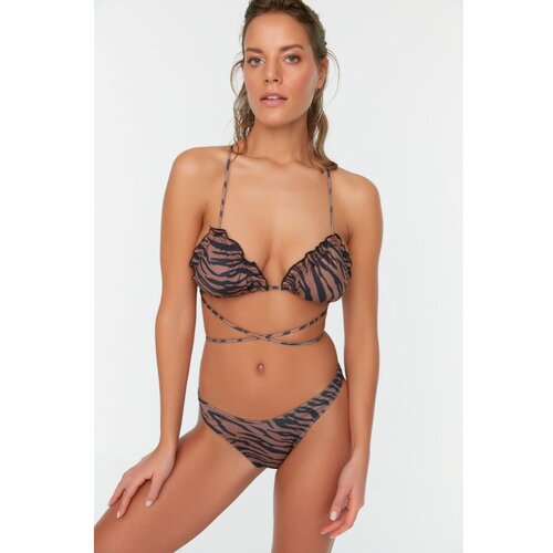 Trendyol Brown Zebra Patterned Frill Detailed Bikini Set Cene