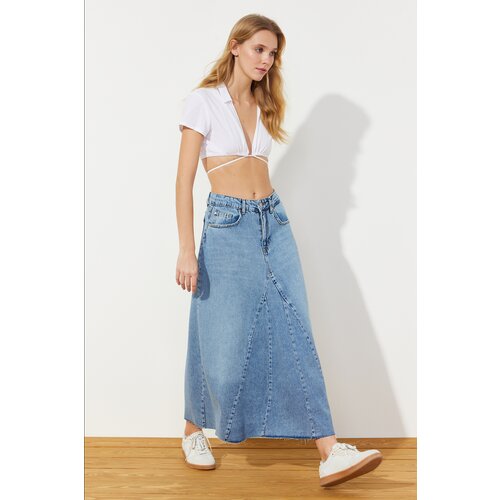 Trendyol Blue Flounce Sewing Detailed High Waist Maxi Denim Skirt Slike