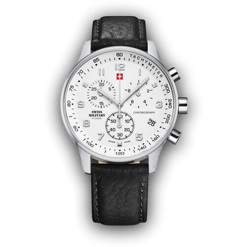 Swiss Military quartz chronograph beli srebrni sportsko elegantni ručni sat crnim kožnim kaišem 601415 Slike