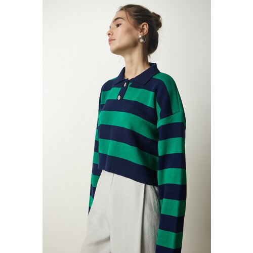  Women&amp;#039;s Navy Blue Green Stylish Buttoned Collar Striped Crop Knitwear Sweater Slike