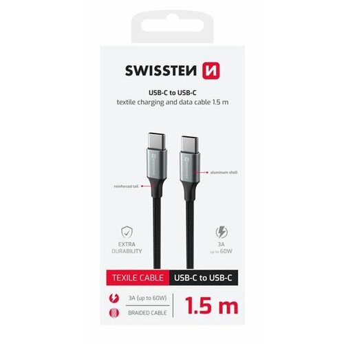 Swissten kabel USB-C/USB-C, TEXTILE II, 3A, 60W, 480 Mb/s, 1,5m crno-sivi Cijene