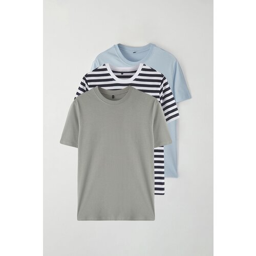 Trendyol Grey-Blue-Navy Striped 3-Pack Black Slim/Slim Fit Basic 100% Cotton T-Shirt Slike