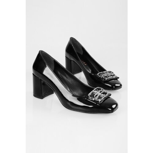 Shoeberry Women's Letizia Black Patent Leather Buckled Heel Shoes Slike