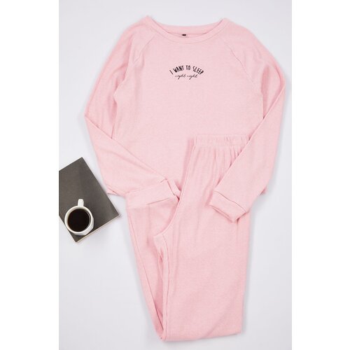 Trendyol Pink Cotton Slogan Embroidered Ribbed Knitted Pajama Set Slike