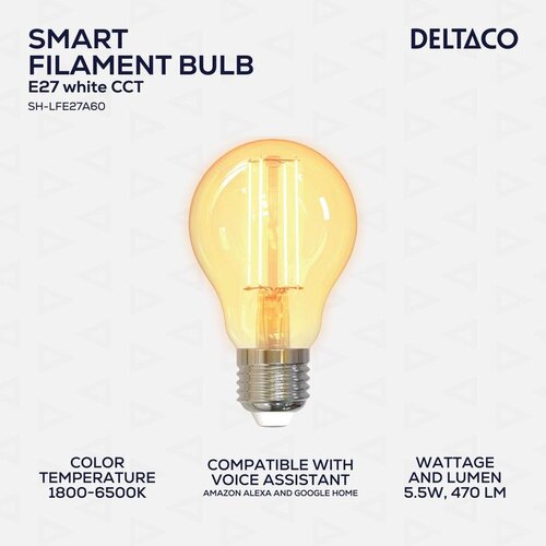 Deltaco SMART HOME LED Filament Žarulja E27, WiFi 2.4GHz, 5.5W, 470lm, 1800K-6500K, 220-240V Cijene